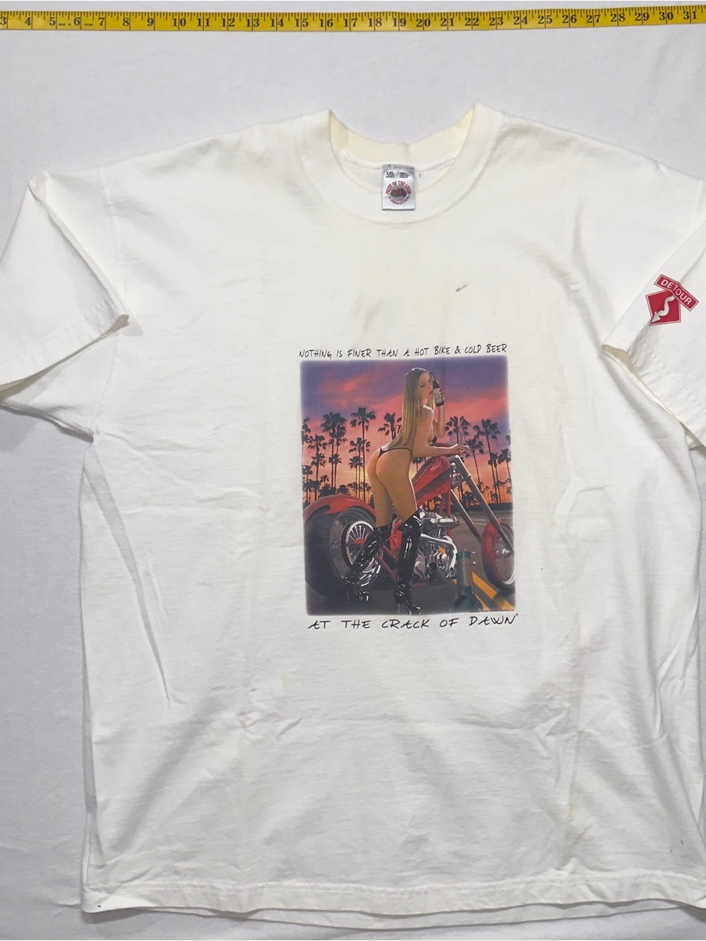Vintage motorcycle White Graphic Tee with Sunset Biker Print